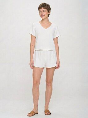White 2 Piece Set V Neck Top and Shorts